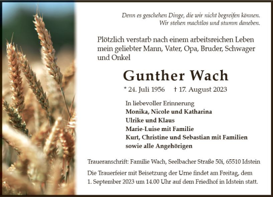 Traueranzeige von Gunther Wach von Idsteiner Land/Untertaunus