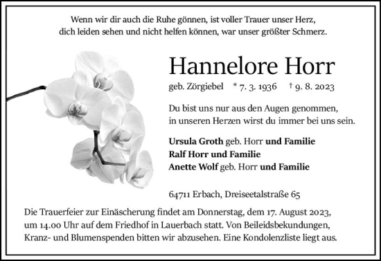 Traueranzeige von Hannelore Horr von Odenwälder Echo
