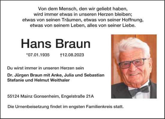 Traueranzeige von Hans Braun von Allgemeine Zeitung Mainz