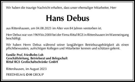 Traueranzeige von Hans Debus von Dill Block