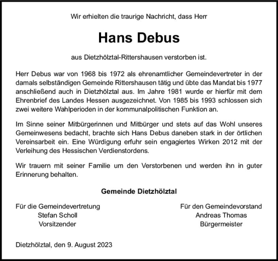 Traueranzeige von Hans Debus von Dill Block