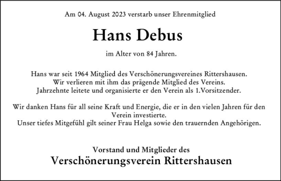 Traueranzeige von Hans Debus von Dill Block