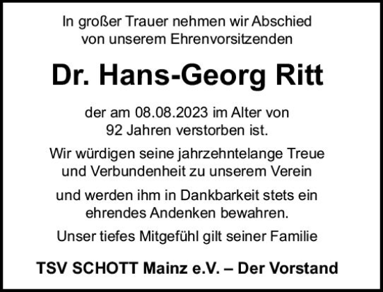 Traueranzeige von Hans-Georg Ritt von Allgemeine Zeitung Mainz