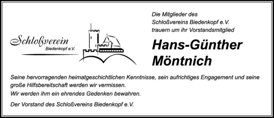 Traueranzeige von Hans-Günther Möntnich von Hinterländer Anzeiger