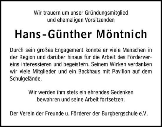 Traueranzeige von Hans-Günther Möntnich von Hinterländer Anzeiger