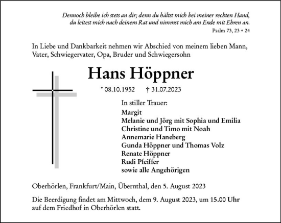 Traueranzeige von Hans Höppner von Hinterländer Anzeiger