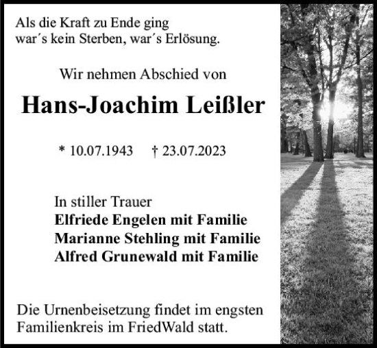 Traueranzeige von Hans-Joachim Leißler von VRM Trauer Traueranzeige von Hans-Joachim Leißler von VRM Trauer