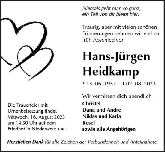 Traueranzeige von Hans-Jürgen Heidkamp von Wetzlarer Neue Zeitung