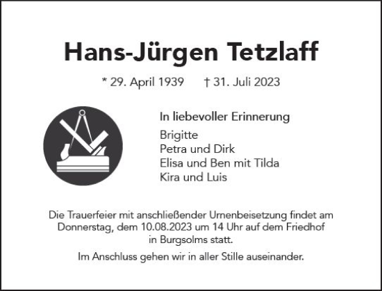 Traueranzeige von Hans-Jürgen Tetzlaff von Wetzlarer Neue Zeitung