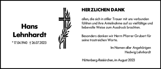 Traueranzeige von Hans Lehnhardt von Wetzlarer Neue Zeitung