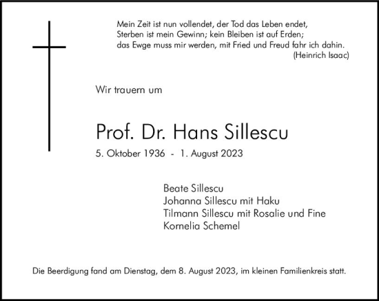 Traueranzeige von Hans Sillescu von Allgemeine Zeitung Mainz