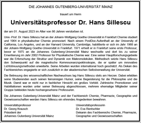 Traueranzeige von Hans Silleseu von Allgemeine Zeitung Mainz