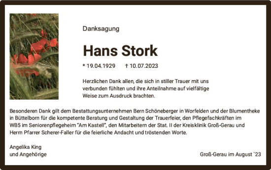 Traueranzeige von Hans Stork von Groß-Gerauer Echo