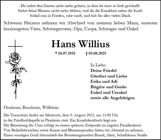 Traueranzeige von Hans Willius von Allgemeine Zeitung Alzey