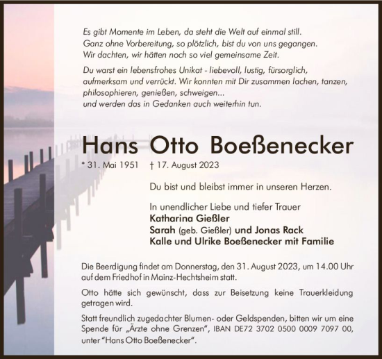 Traueranzeige von Hans Otto Boeßenecker von Allgemeine Zeitung Mainz
