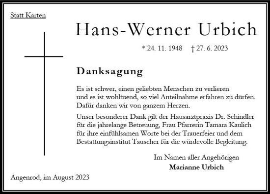 Traueranzeige von Hans Werner Urbich von Oberhessen Kurier