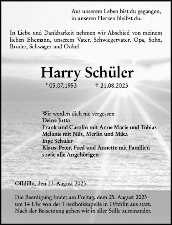 Traueranzeige von Harry Schüler von Dill Block