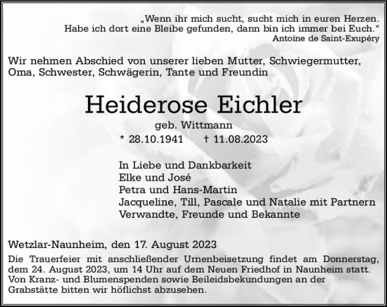 Traueranzeige von Heiderose Eichler von Wetzlarer Neue Zeitung