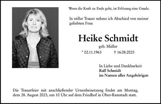 Traueranzeige von Heike Schmidt von Darmstädter Echo