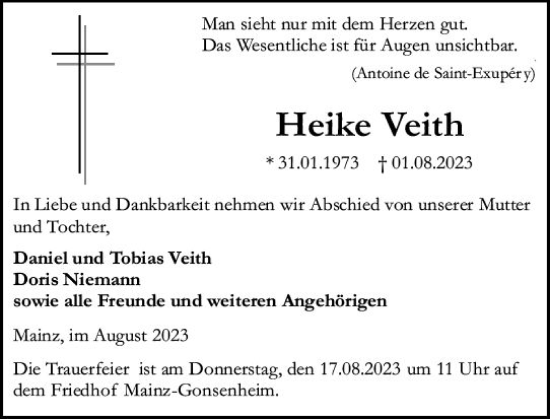 Traueranzeige von Heike Veith von Allgemeine Zeitung Mainz