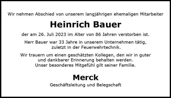 Traueranzeige von Heinrich Bauer von Darmstädter Echo