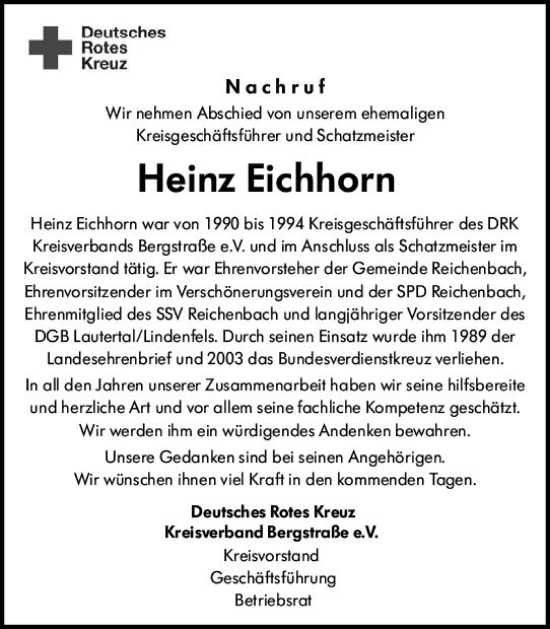 Traueranzeige von Heinz Eichhorn von Starkenburger Echo