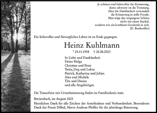 Traueranzeige von Heinz Kuhlmann von Wetzlarer Neue Zeitung