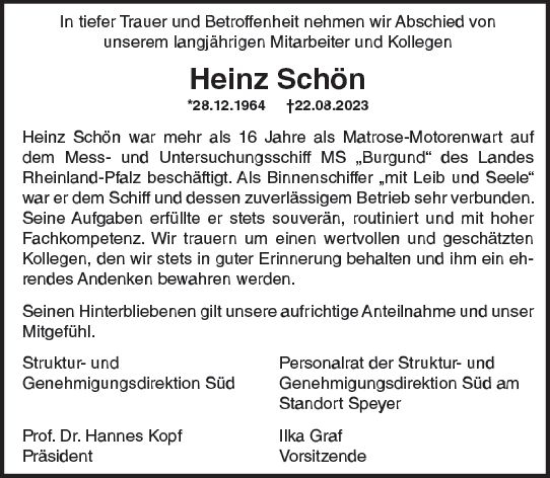 Traueranzeige von Heinz Schön von Allgemeine Zeitung Mainz