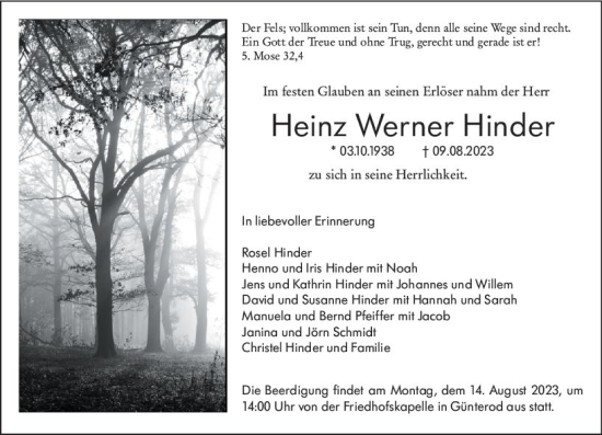 Traueranzeige von Heinz Werner Hinder von Hinterländer Anzeiger