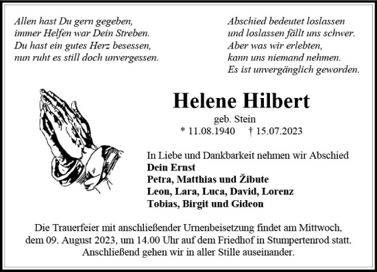 Traueranzeige von Helene Hilbert von VRM Trauer Traueranzeige von Helene Hilbert von VRM Trauer