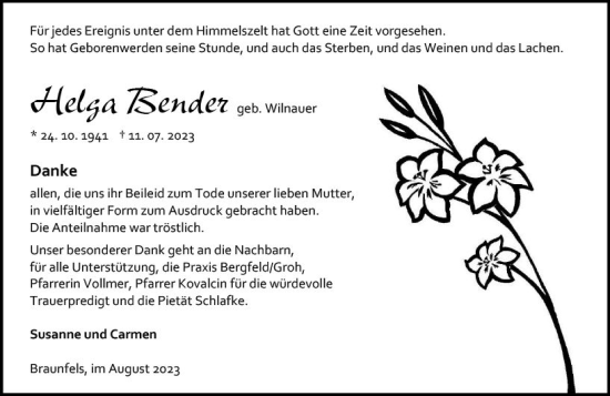 Traueranzeige von Helga Bender von Wetzlarer Neue Zeitung