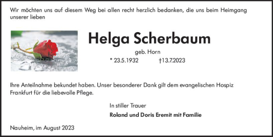 Traueranzeige von Helga Scherbaum von Rüsselsheimer Echo