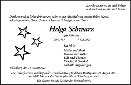 Traueranzeige von Helga Schwarz von Dill Block