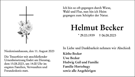 Traueranzeige von Helmut Becker von Hinterländer Anzeiger