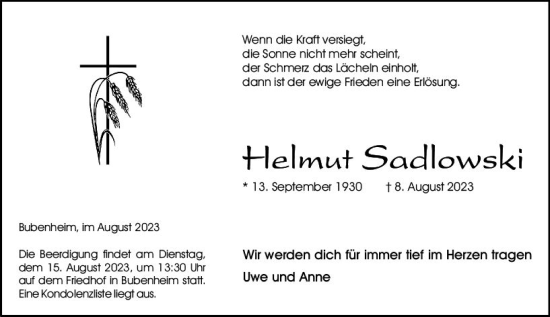 Traueranzeige von Helmut Sadlowski von Allgemeine Zeitung Bingen/Ingelheim