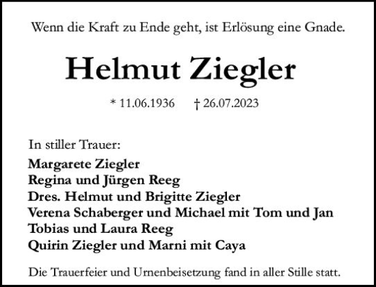 Traueranzeige von Helmut Ziegler von Darmstädter Echo