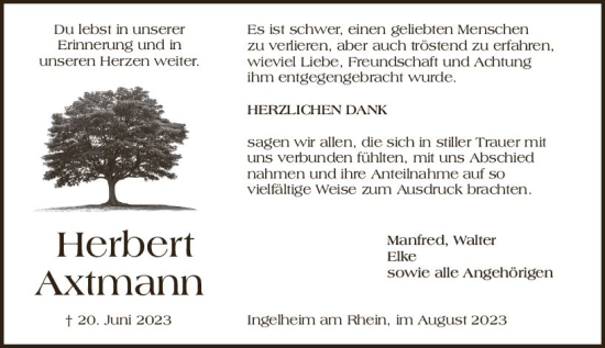 Traueranzeige von Herbert Axtmann von Allgemeine Zeitung Bingen/Ingelheim