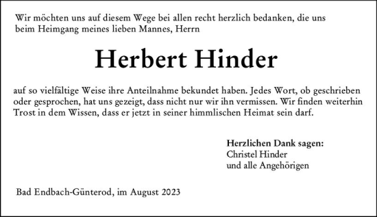 Traueranzeige von Herbert Hinder von Hinterländer Anzeiger