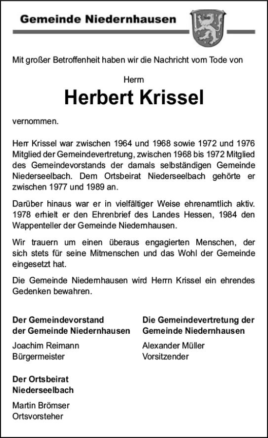 Traueranzeige von Herbert Krissel von Idsteiner Land/Untertaunus