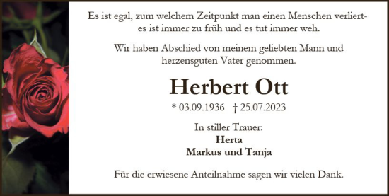 Traueranzeige von Herbert Ott von Wiesbadener Kurier