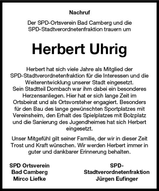 Traueranzeige von Herbert Uhrig von Camberger Anzeiger