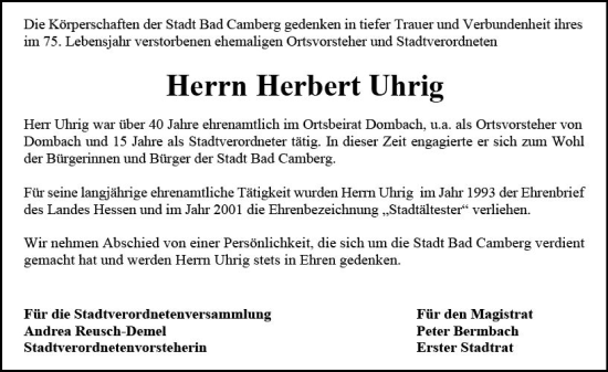 Traueranzeige von Herbert Uhrig von Camberger Anzeiger