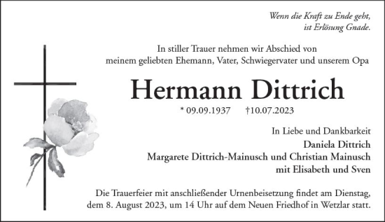 Traueranzeige von Hermann Dittrich von Wetzlarer Neue Zeitung