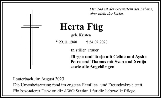 Traueranzeige von Herta Füg von VRM Trauer