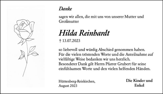 Traueranzeige von Hilda Reinhardt von Wetzlarer Neue Zeitung