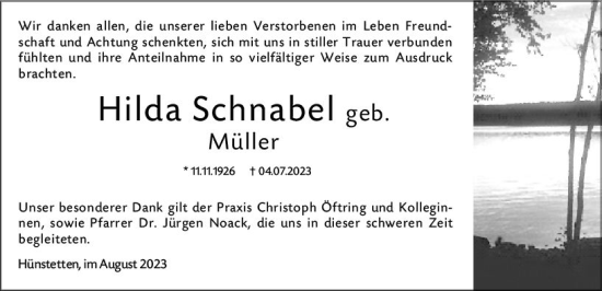 Traueranzeige von Hilda Schnabel von Wiesbadener Kurier