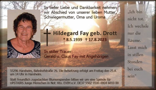 Traueranzeige von Hildegard Fay von Allgemeine Zeitung Mainz