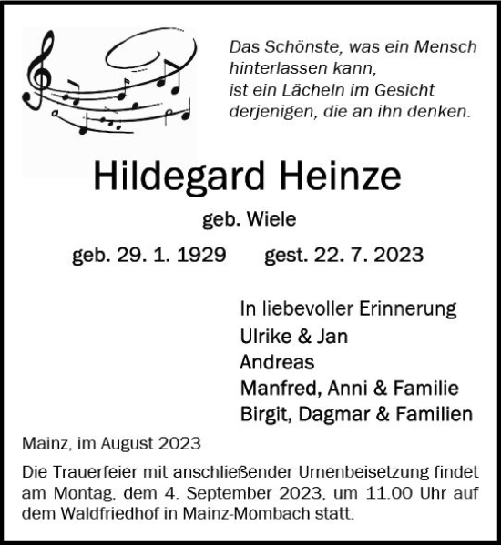 Traueranzeige von Hildegard Heinze von Allgemeine Zeitung Mainz