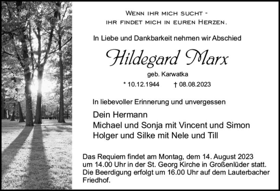 Traueranzeige von Hildegard Marx von VRM Trauer