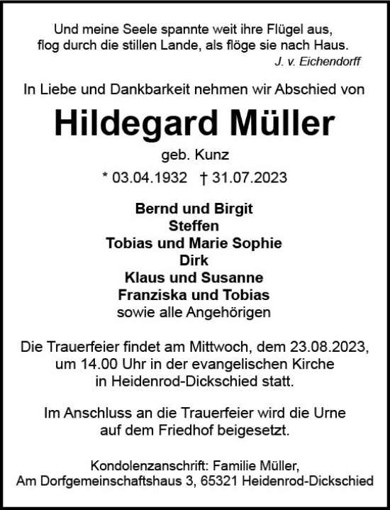 Traueranzeige von Hildegard Müller von Idsteiner Land/Untertaunus